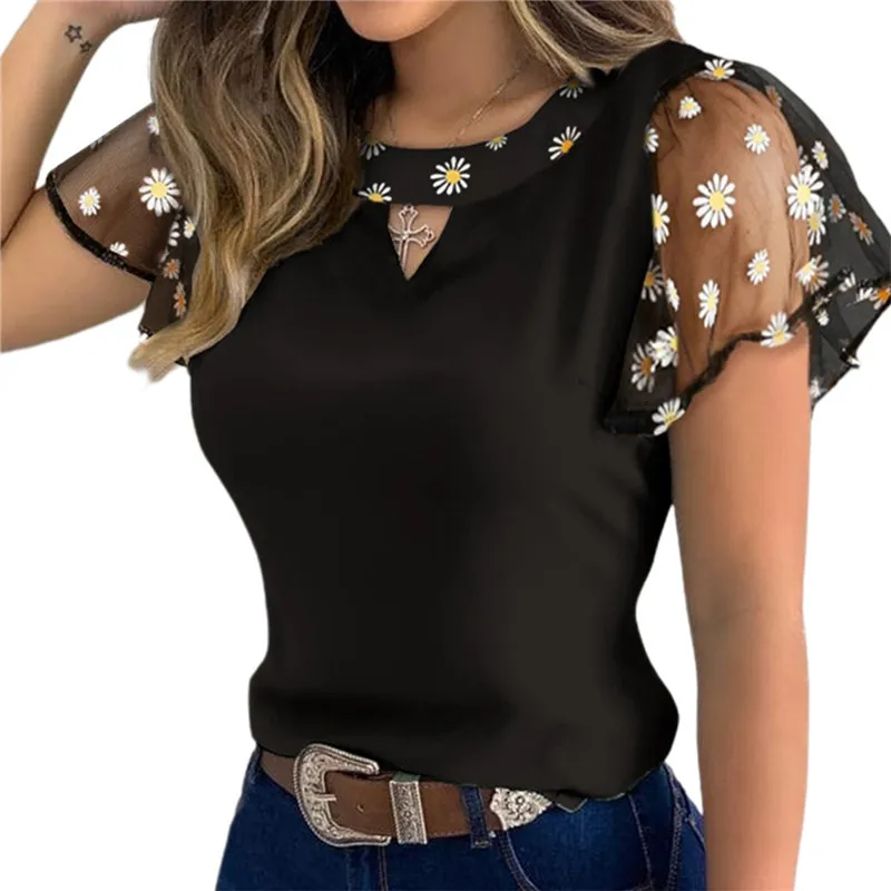 

Sleeve 4 Dot Ladies Styles Women Print OL Chiffon Floral Sexy Embroidery Pullover Polk Casual Tee Jumper Ruffle Tops Blouse Wome