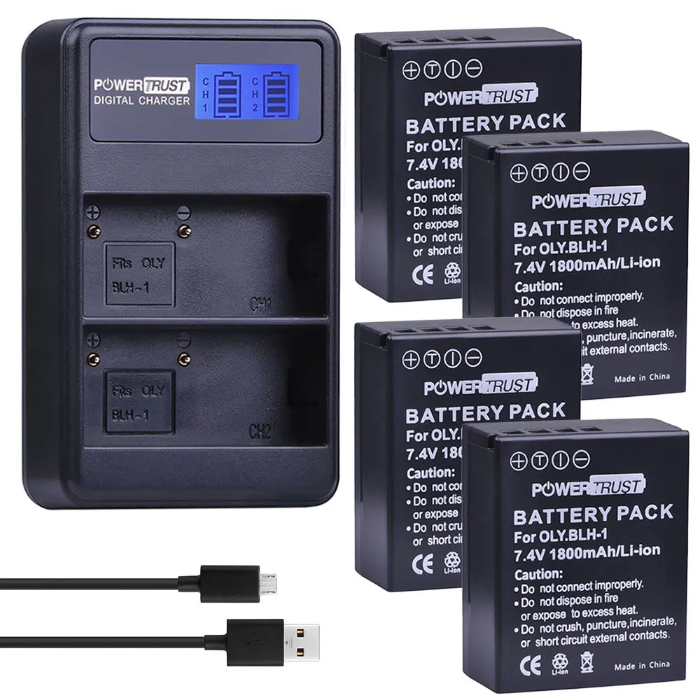 4battery and Charger PowerTrust 2 шт. BLH-1 BLH1 BLH 1 сменная батарея и ЖК-USB двойное зарядное устройство для камеры Olympus E-M1 Mark II - Цвет: 4battery and Charger