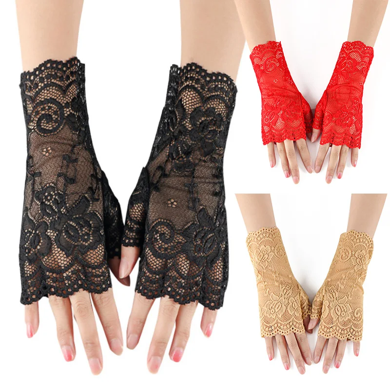 Женские кружевные перчатки без пальцев летние однотонные сетчатые короткие