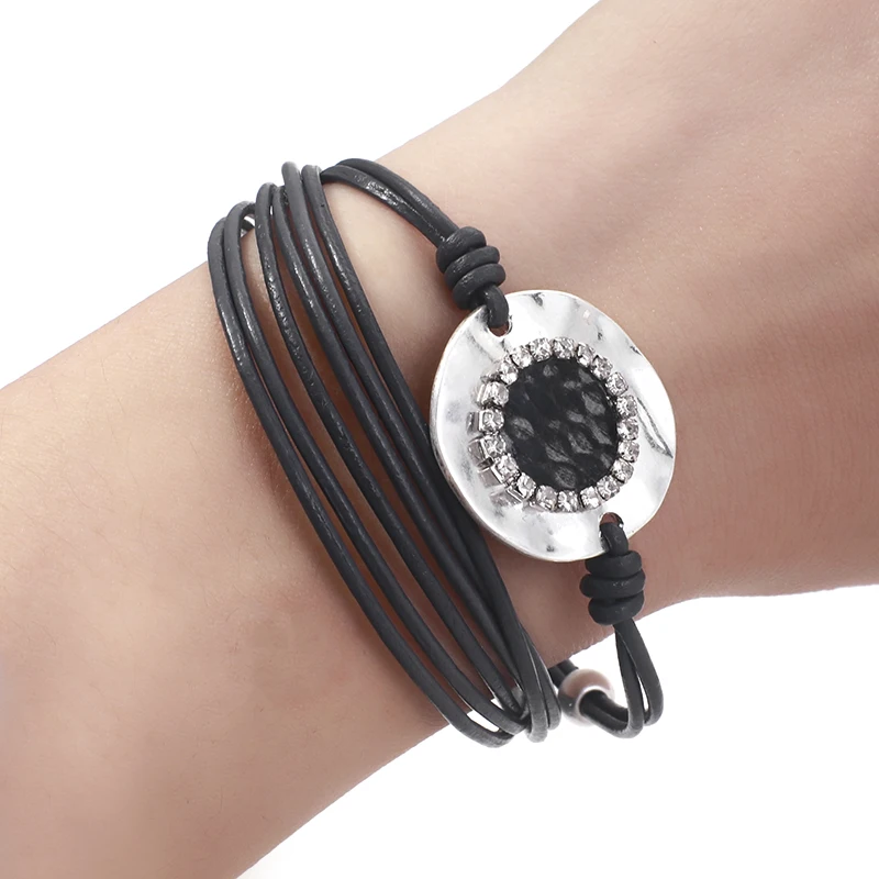 Женские кожаные браслеты ALLYES многослойные черные со стразами и змеиным узором