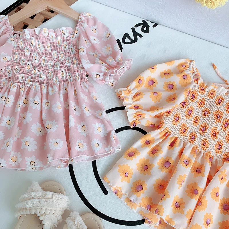 Детские летние топы с коротким рукавом и цветочным рисунком для маленьких