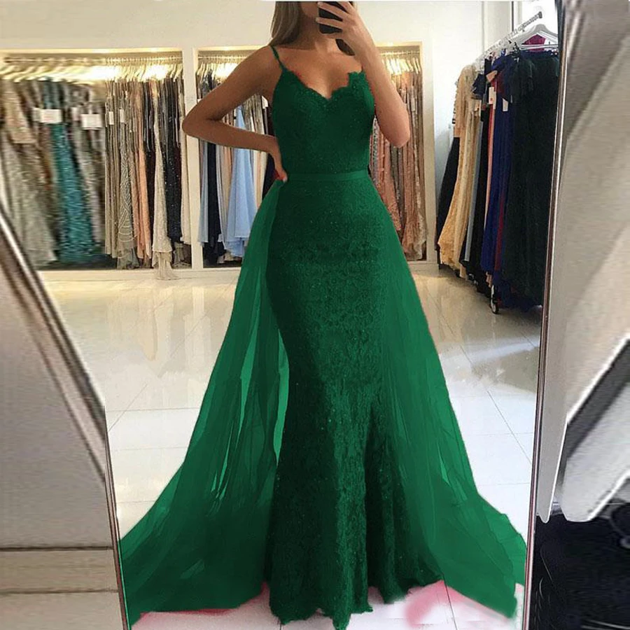 

Elegant V-neck Green Lace Mermaid Evening Dresses 2021 Long Detachable Train Prom Formal Gown Vestidos Largos De Fiesta