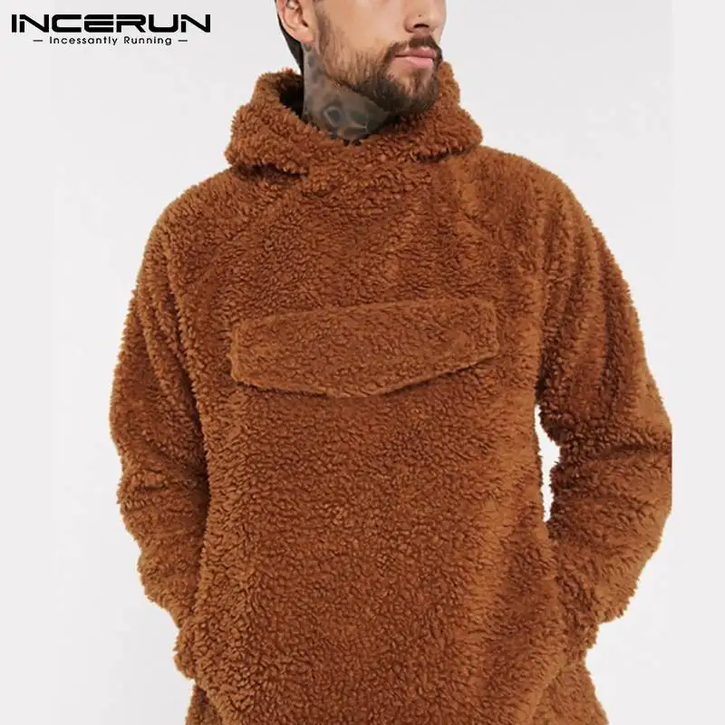 

INCERUN Fashion Mens Solid Comfortable Polar Fleece Hoodies Jumper Long Sleeved Loose Casual Streetwear Pullover Tops 2022 S-5XL