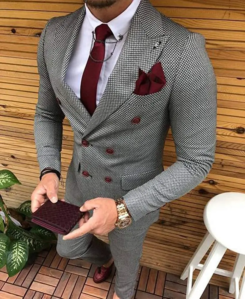 Men's Suit Grey Formal 2 Pieces Slim Fit Double breasted Plaid Soft Wool Tweed Prom Tuxedos Wedding Groomsmen (Blazer+Pants)