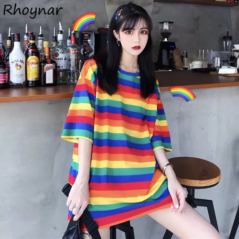 

Женские футболки, в радужную полоску, BF, уличная мода, Ulzzang, шикарные, для студентов, Harajuku, модные, с круглым вырезом, крутые топы для девочек, н...