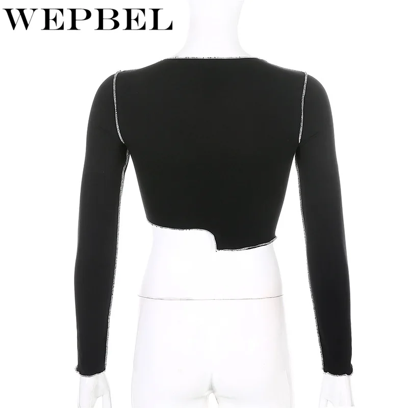 

Mandylandy Lady Sexy Round Neck Long Sleeve Crop Top Summer Women Patchwork Slim Basic T-shirt Tops