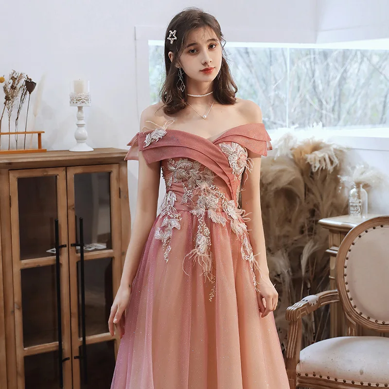 Female Banquet Temperament Exquisite Sequins Toast Dress Bride Wedding Dress Off-shoulder Evening Dress Skirt