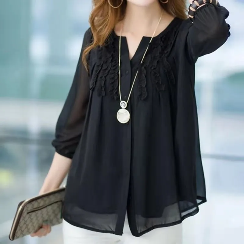 

2021 New Arrival Summer Women Loose Half Sleeve V-neck Blouse Single-breasted Ruffles Patchwork Chiffon Casual Shirts W219