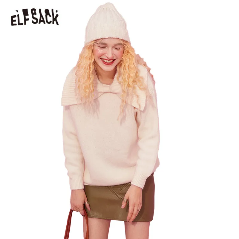 

ELFSACK Solid Pure Bows Neckline Casual Pullover Knit Sweaters Women,2020 Autumn Vintage Japaness Ladies Basic Daily Soft Tops