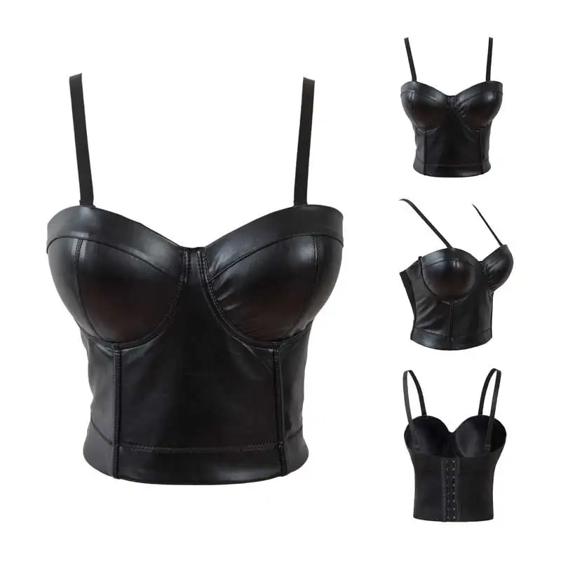 PU Leather Crop Tops Sexy Vest Tank top mujer Spaghetti Straps debardeur femmes Black vetement femme Outwear Night Club Korsett
