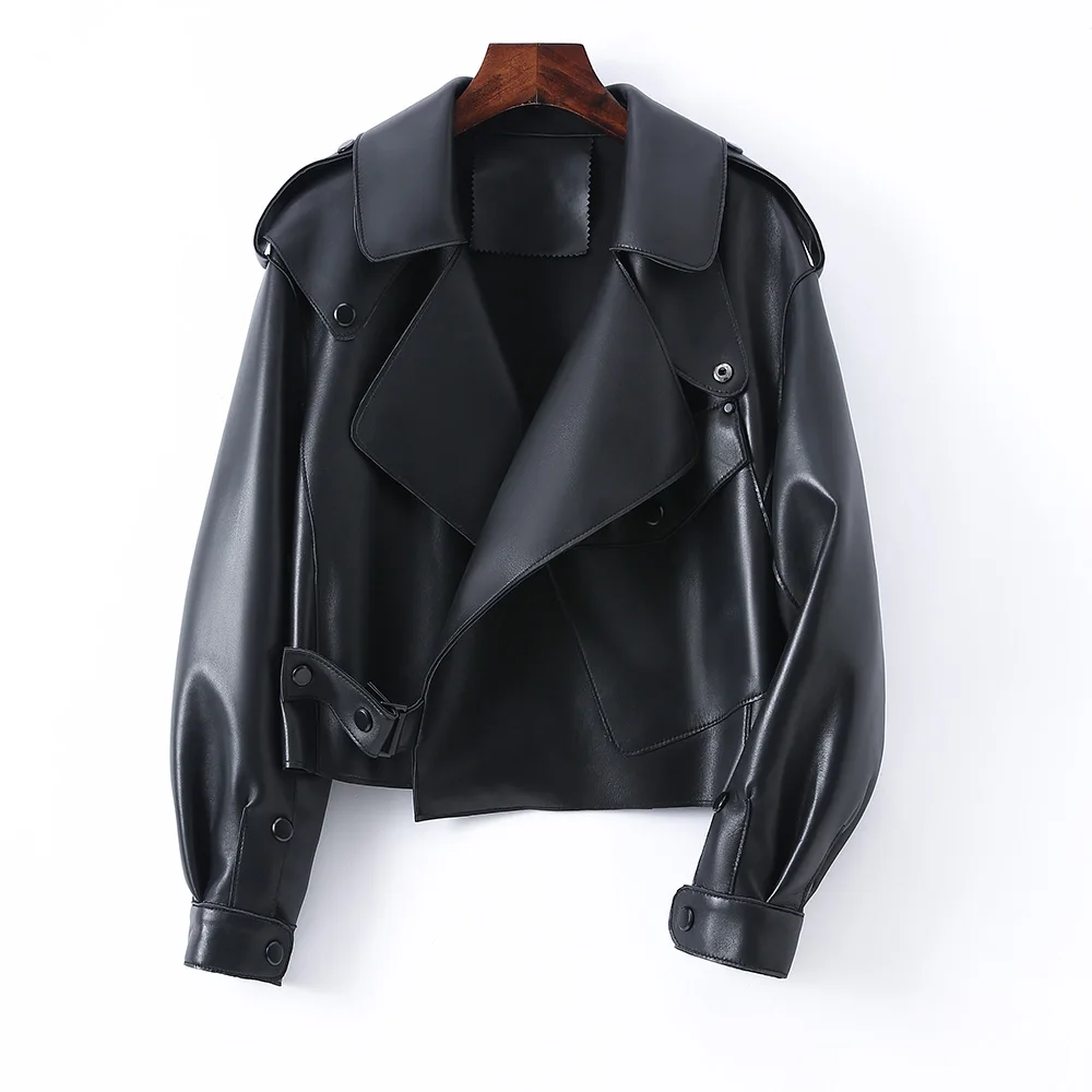 

2022 Sheepskin Coat For Women Leather Jacket Winter Spring Moto Biker Genuine Top Quality Black S7547