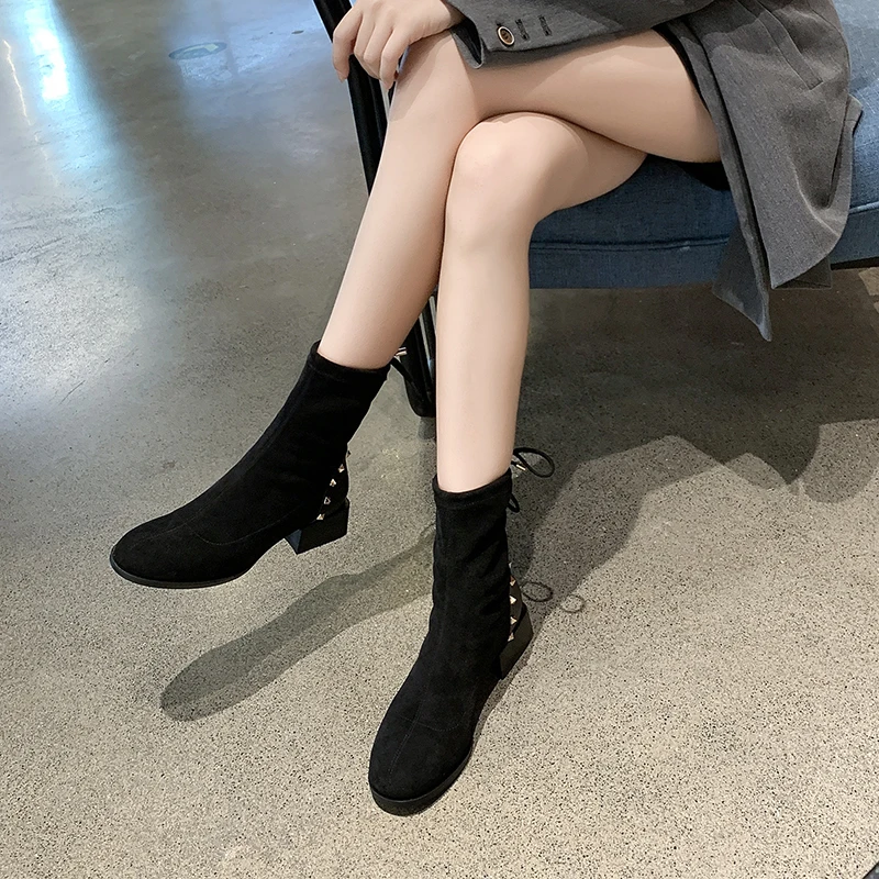 

2019 New Sock Boots Autumn Winter Flock Short Ankle Boots for Women Shoes Woman Rivet Square Toe Block Low Heels Ladies Boots