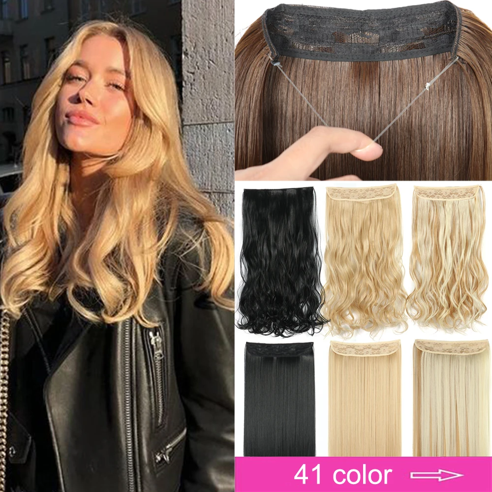 

Halo Hair Extensions No Clip in Fish Line False Hairpiece Synthetic Hair Piece Colored Natural Brown Black Fringe Fake Hair