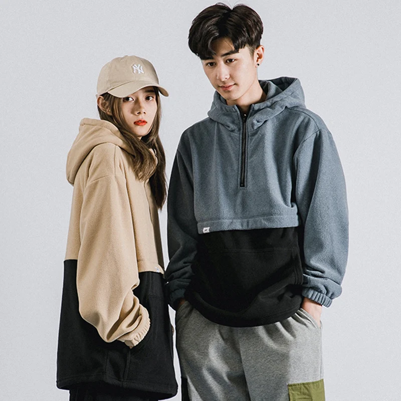 2019 Hip Hop Mens Hoodie Sweatshirt Color Block Harajuku Streetwear Pullover Half-Zip Autumn Winter Fleece Cotton | Мужская одежда
