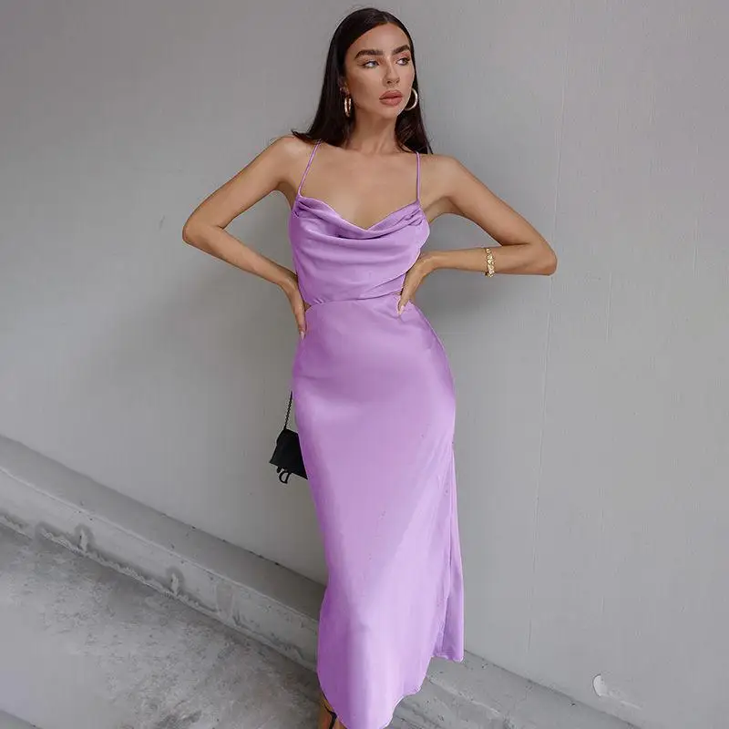 Satin Purple Halter Dress Women Summer Sexy Ins Suspender Lace Elegant Prom Evening Midi Dress Party Urbano Robe Ete Outfits