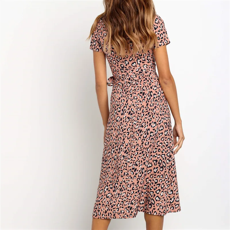 

Summer Dress Women Leopard Print Boho Beach Dresses Casual V Neck Wrap Midi Party Dress Vestidos