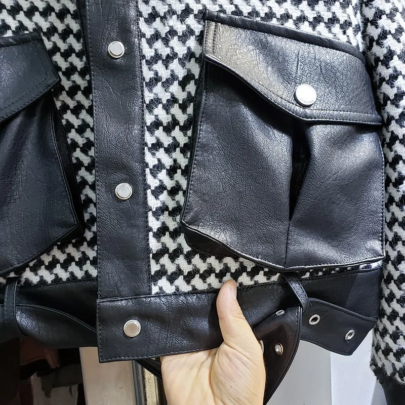 

Tweed Jacket Female Autumn Winter PU Leather Spliced Single-Breasted Lapel Women Houndstooth Loose Woolen Coat Casual Streetwear