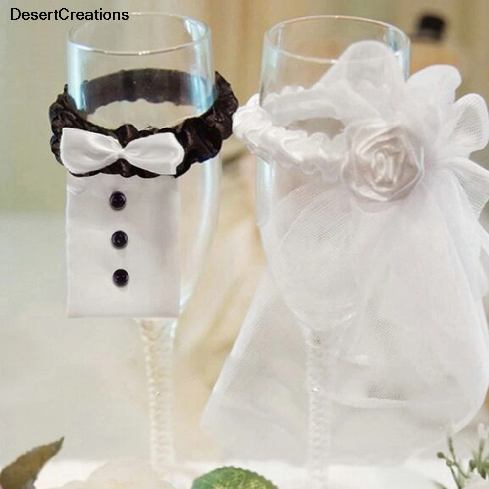 

2Pcs/Set Bridal Veil Bow Tie Bride Bridal Veil Wedding Party Toasting Wine Glasses Decor Party Gifts