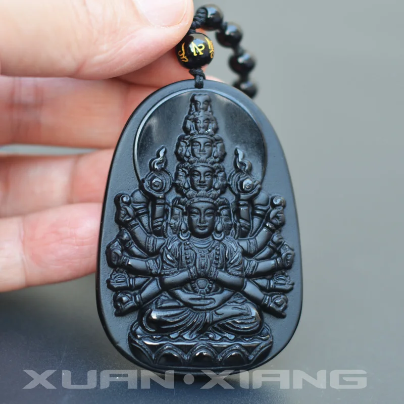 Мужские ожерелье с кулоном черный обсидиан резные Avalokitesvara Guanyin Будда Бодхисаттва