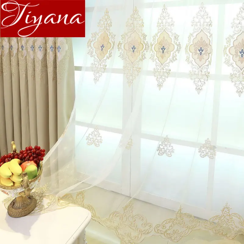 Роскошные занавески с вышивкой для гостиной бежевые прозрачные тканевые синие