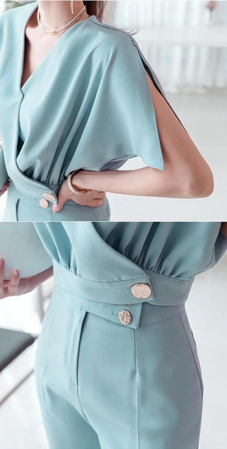 

2020 summer elegant Women's two pieces Suits office lady tops Bat sleeves shirt + long trousers Woman 2 Pieces Set