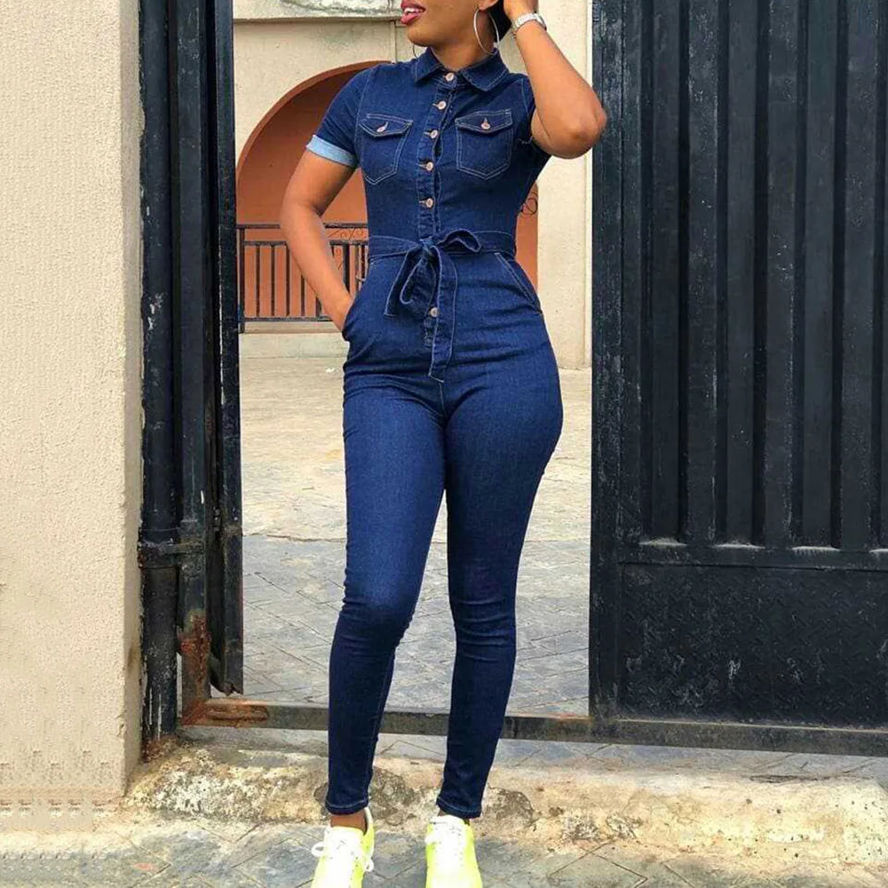Женский джинсовый комбинезон с коротким рукавом синий Повседневный Облегающий