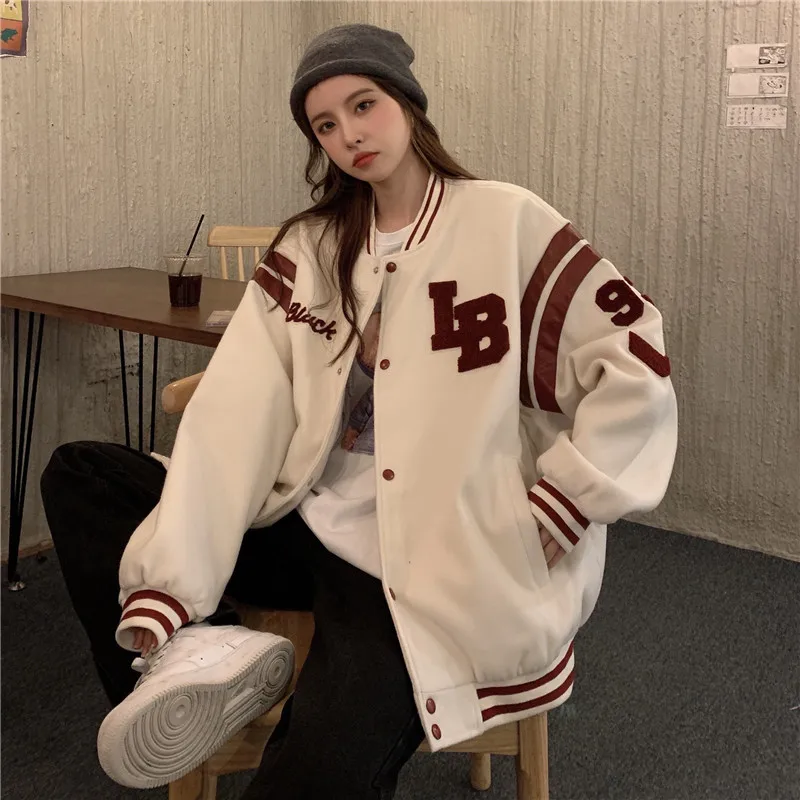 

Baseball Jacket for Women 2021 Autumn Loose Bomber Jacket Women Oversize O Neck Embroidery Baseball Uniform Women's Jackets