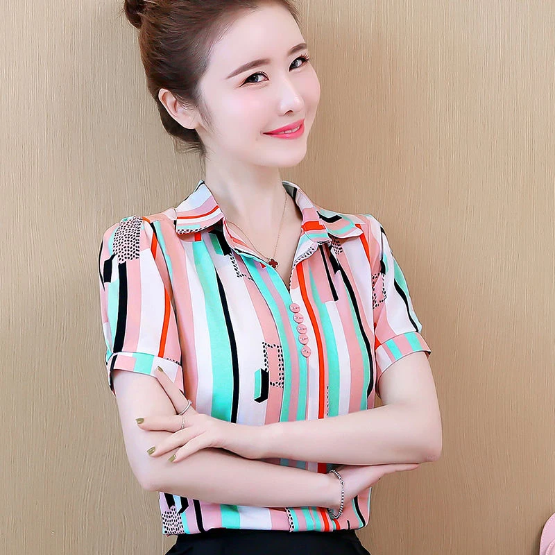 

Short Sleeve Striped Women Chiffon Blouses Shirts Lady Casual Spring Summer Style Turn-down Collar Blusas Tops