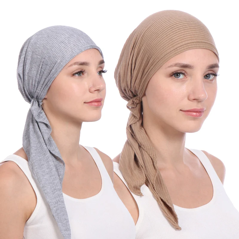 

New Elastic Cotton Solid Color Wrap Head Scarf Hats Muslim Turban Bonnet for Women Inner Hijab Hat Fashion Female Turbantes Caps