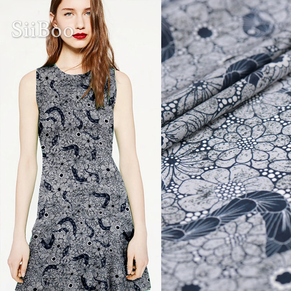 Винтажная синяя ткань с цветочным принтом из 100% шелка крепдешина для платья