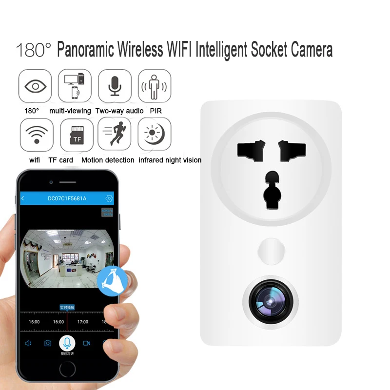 

Настенная розетка, зарядное устройство, адаптер, IP-камера, Wi-Fi, панорамная камера наблюдения «рыбий глаз» на 180 °, беспроводная камера видеон...