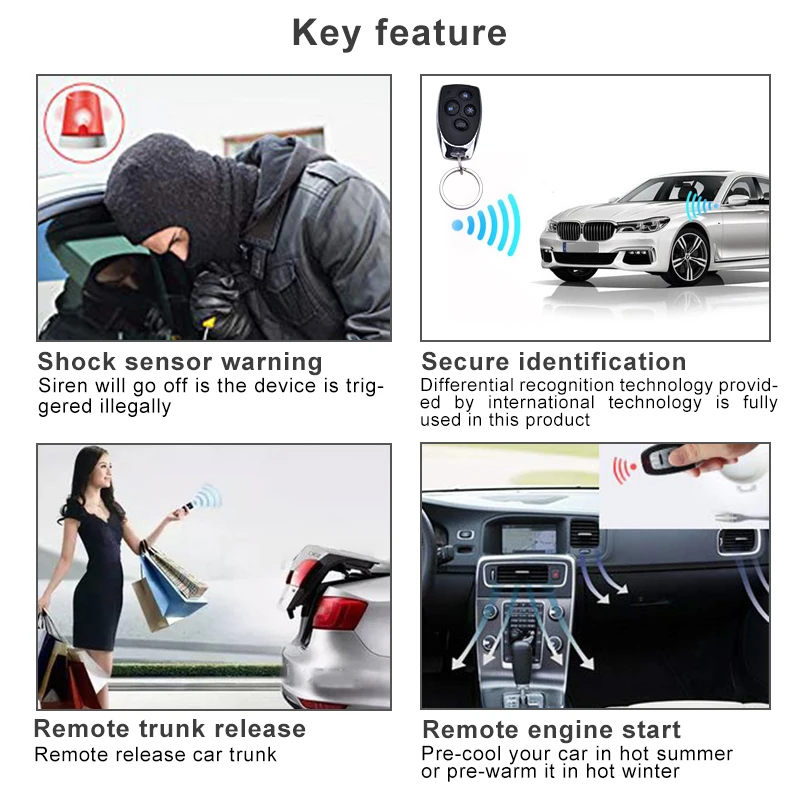 

Car Alarm Vehicle System 1-Way Remote Central Door Lock Keyless System with 2 Remote Control Burglar Protection Security System