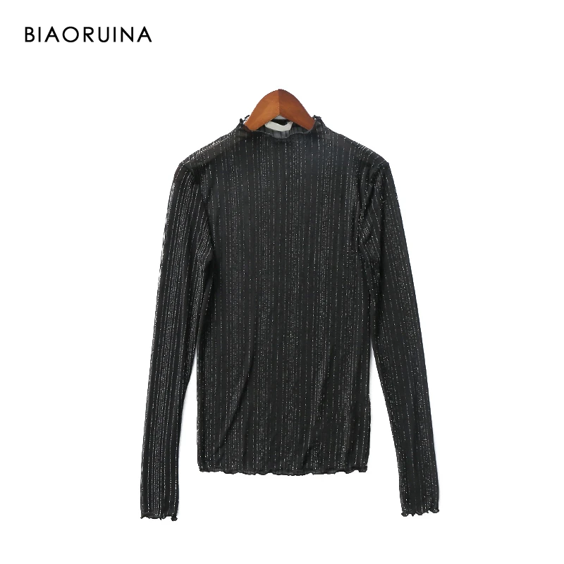 Женская кружевная блузка BIAORUINA Элегантная черная с блестками и воротником