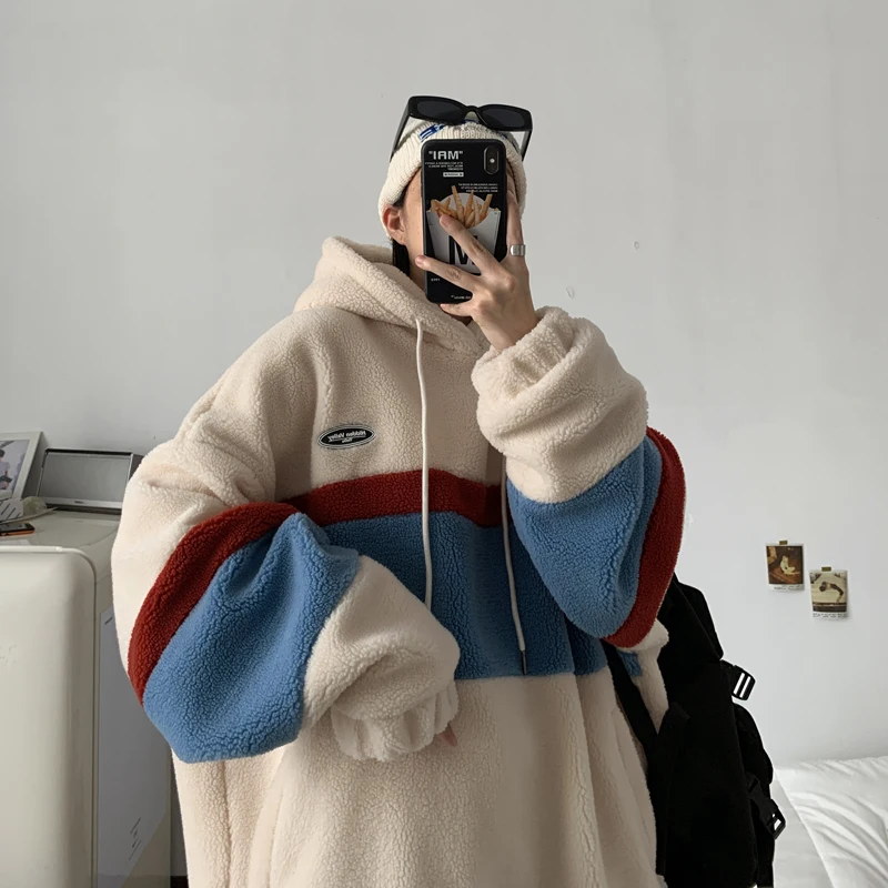 

weater women's Plush thickened loose top women's Sweater Hoodie autumn winter Pullover Pop color matching coat