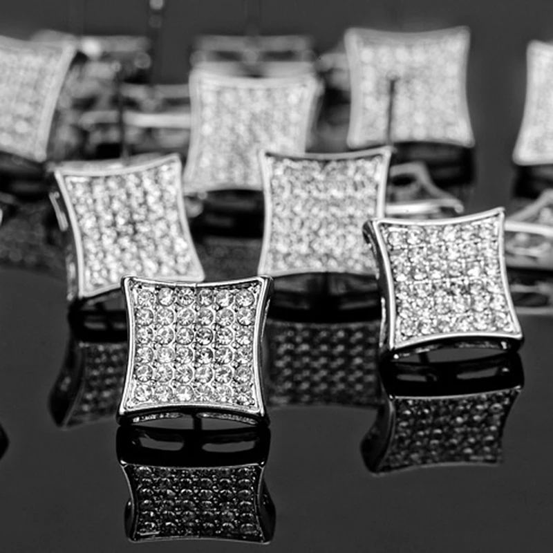 Модные шикарные квадратные серьги гвоздики золотистого и серебряного цвета с