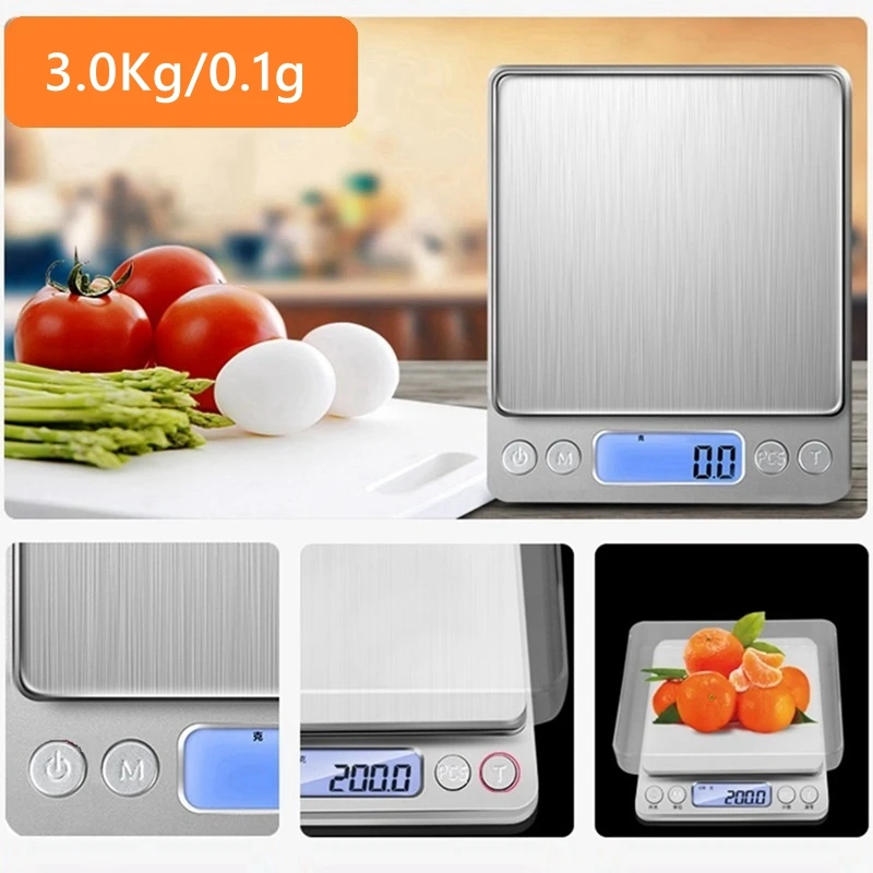 

Kitchen Cake Scale With Digital Blue LCD For Flour Bread Max 3kg/0.1g 2 Tray