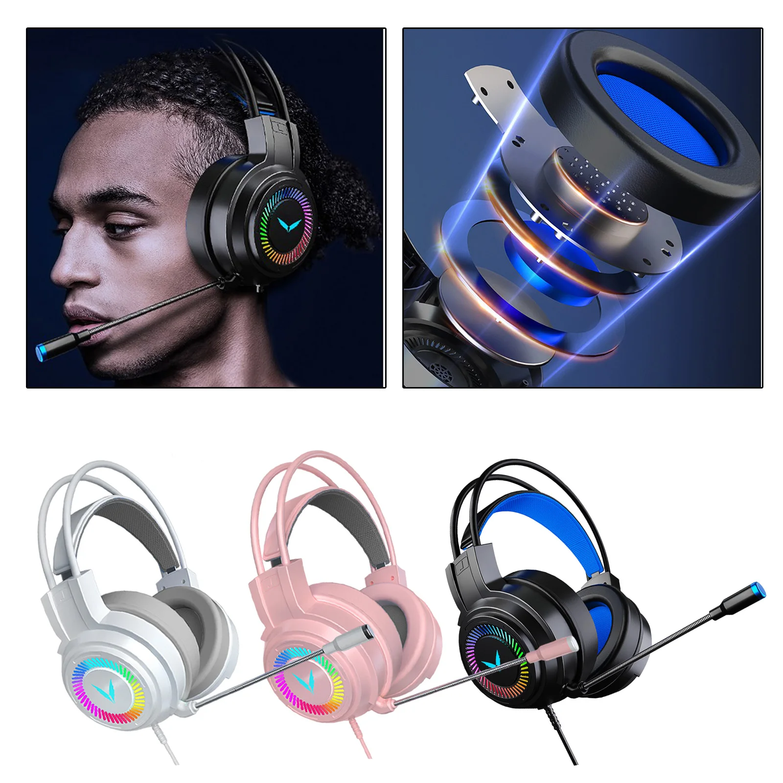 

Игровые наушники, стерео проводные наушники с объемным звуком, USB-микрофон, цветная подсветка, игровая гарнитура для ПК, ноутбука