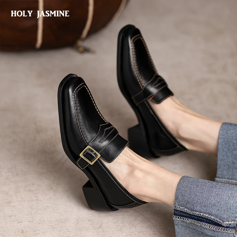

Square Toe Black Shoes Woman High Heels Pumps 2022 Spring Summer Newest Shallow Genuine Leather Wedding Office Lady Women Shoe