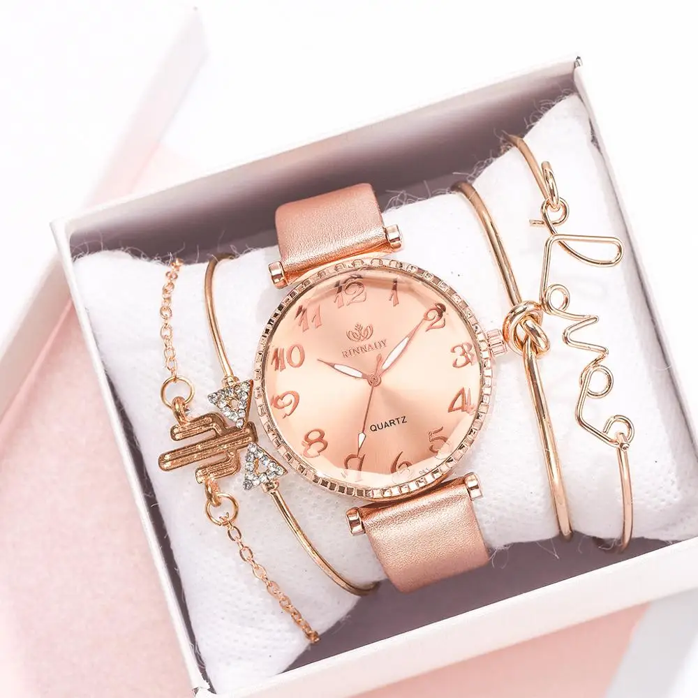 

5pc/set New Fashion Women Watches Round Arabic Numerals Leather Watch Women Dress Ladies Wristwatches Luxury Bracelet Watch Set