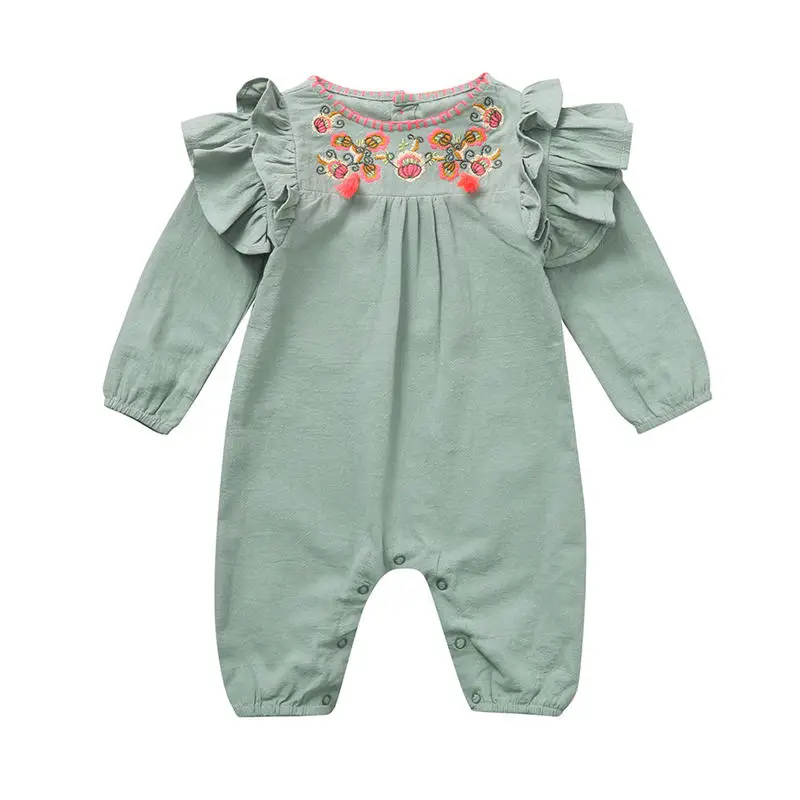 Light Green B Хлопковый льняной Детский комбинезон с вышивкой для малыш новорожденный младенец для маленьких девочек однотонная Цветочная одежда комбинезон наряды Детский костюм - Цвет: Light Green B
