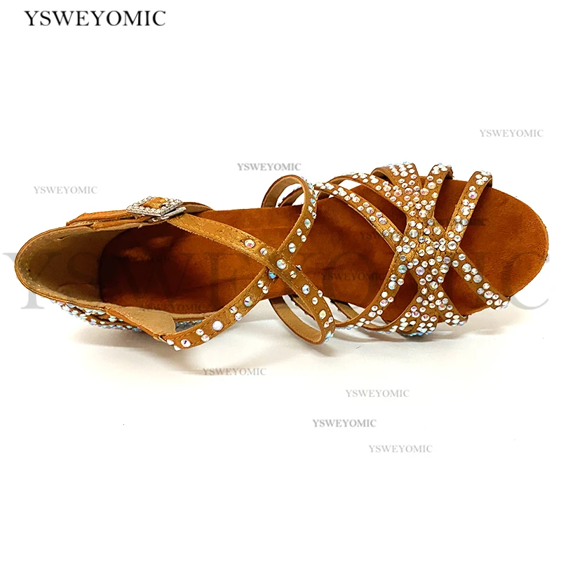 2021 Spring Rhinestones Salsa Dance Shoes Meduim Heel 7cm Stable Suede Outsole Practise Bachata Latin Dancing Shoes Women