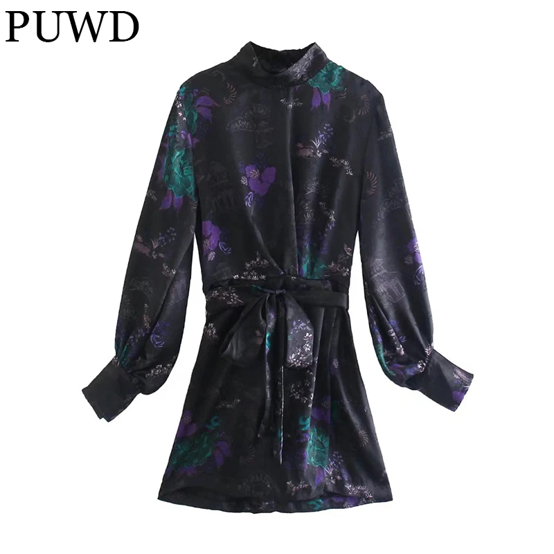 

PUWD Elegant Women Mini Dress Long Sleeve Vintage Sash Ladies Print Turtlenecks Dress 2021 Autumn Fashion Female Chic Dresses