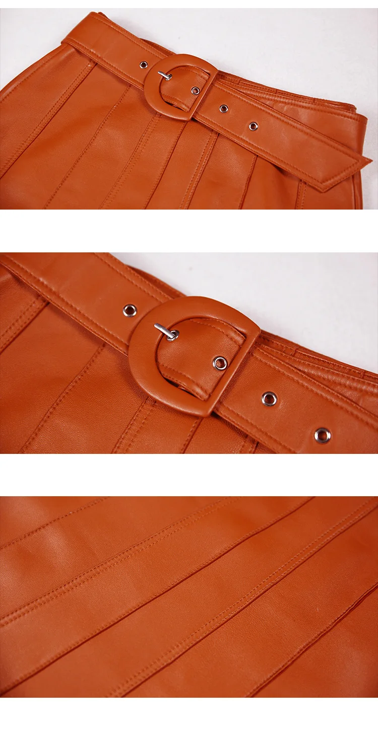RYS9330 D letter Belt Stitching Genuine Leather A-line Women Mini Skirt Femme Casual Short Pleated Jupe Orange/Green Strip Saias