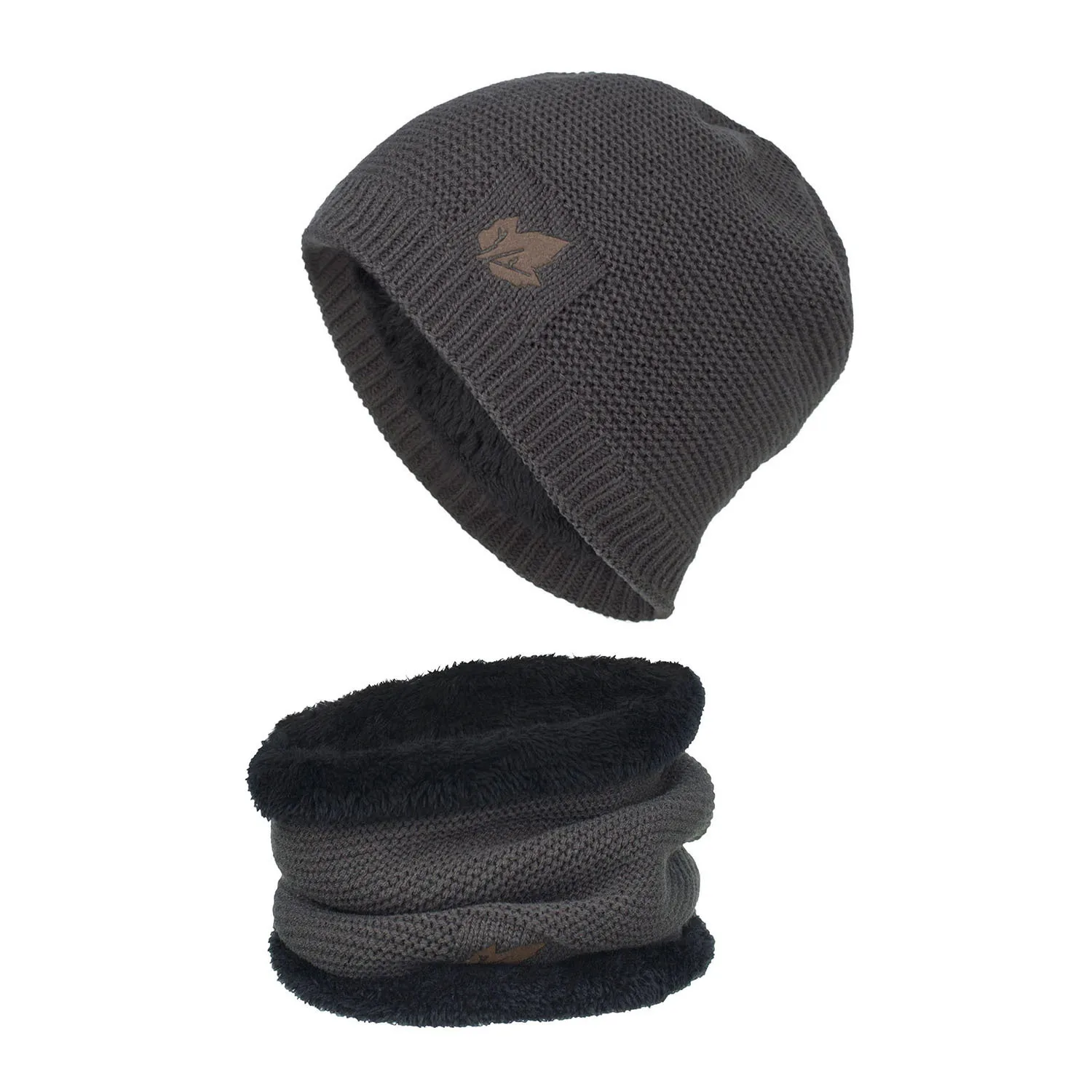 Gray Set RoxCober, новинка, вязаные шапки Skullies, шапка с воротником, снуд для мужчин и женщин, береты-кепки Gorros, Мужская теплая однотонная зимняя шапка, шапка, комплект - Цвет: Gray Set