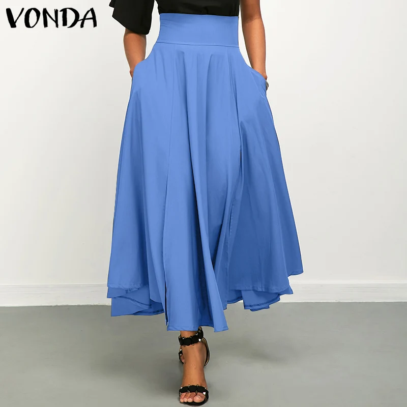 

Denim Skirts With Pockets VONDA Summer Women High Waist Long Skirts Fashion Pleated A-line Skirt Faldas De Mujer Bottoms