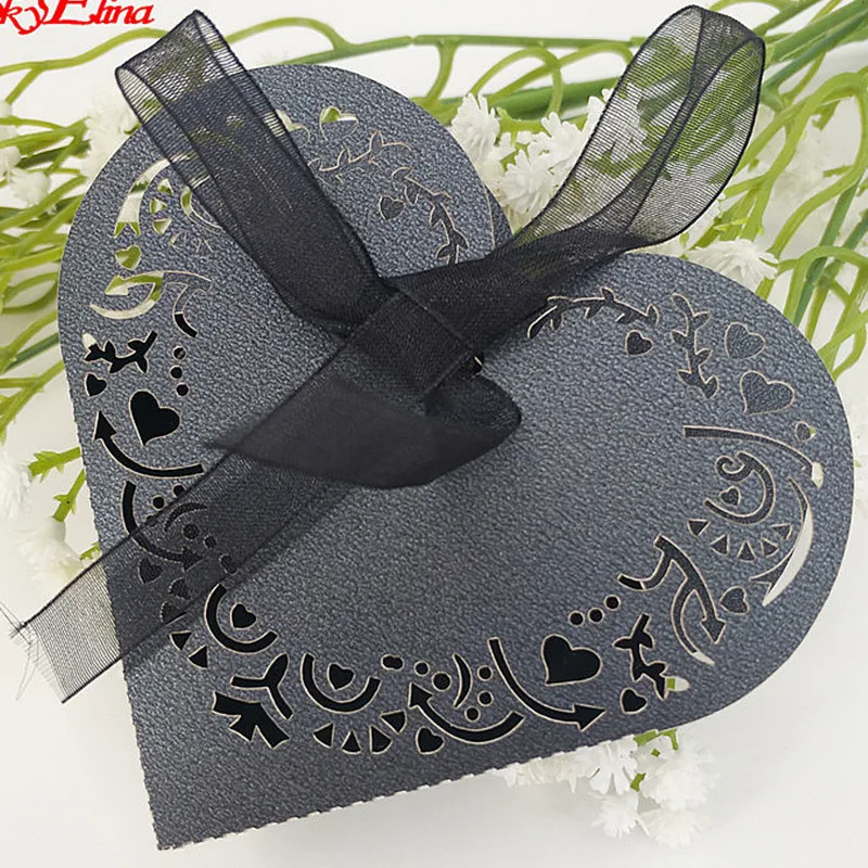 Black 10/50 шт в форме сердца коробочки для Драже свадьба, сладости конфеты подарок за Коробки с лентой украшения стола коробка шоколада 5z - Цвет: Black