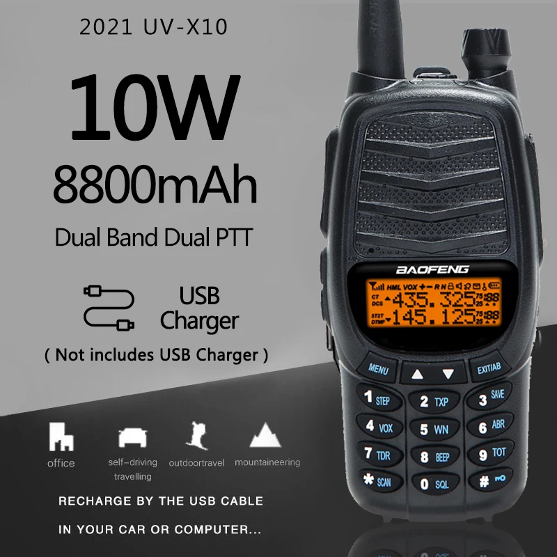 

Baofeng UV-X10 10W 8800mAh 2-PTT Dual Band VHF UHF USB Charger Walkie Talkie 30km Ham CB 2 Way Radio Portable Transceiver UV-5R