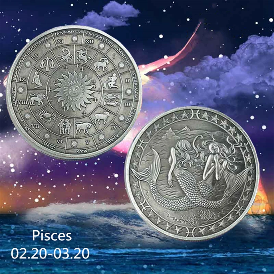 

2022 Vintage Western 12 Constellation Astrology Pisces Antique Silver Token Challenge Commemorative Coin&Zodiac Gifts