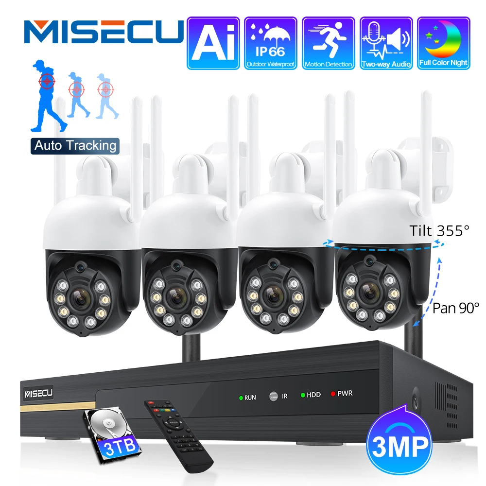 

MISECU H.265 3MP HD Wireless CCTV System Two Way Audio Waterproof PTZ WIFI IP Security Camera 8CH P2P NVR Video Surveillance Kit