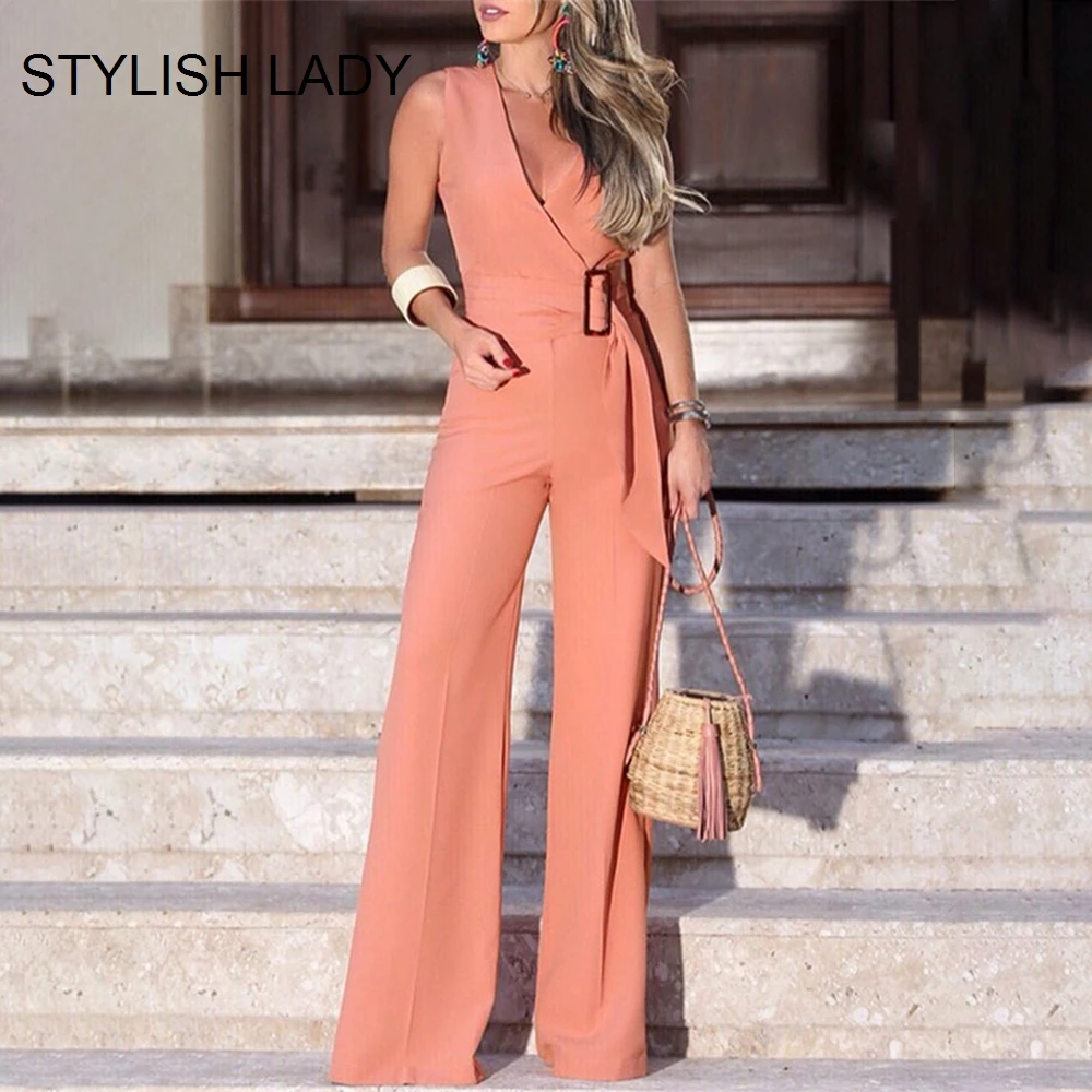 Женский комбинезон с широкими штанинами элегантный без рукавов V образным